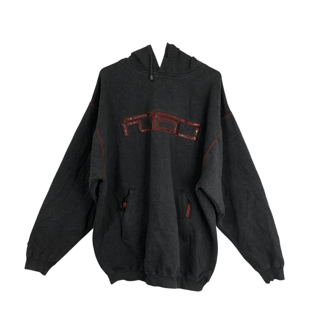 Fubu Charcoal Gray Hoodie Sweatshirt Red Accents Drawstring Hood Mens Size L